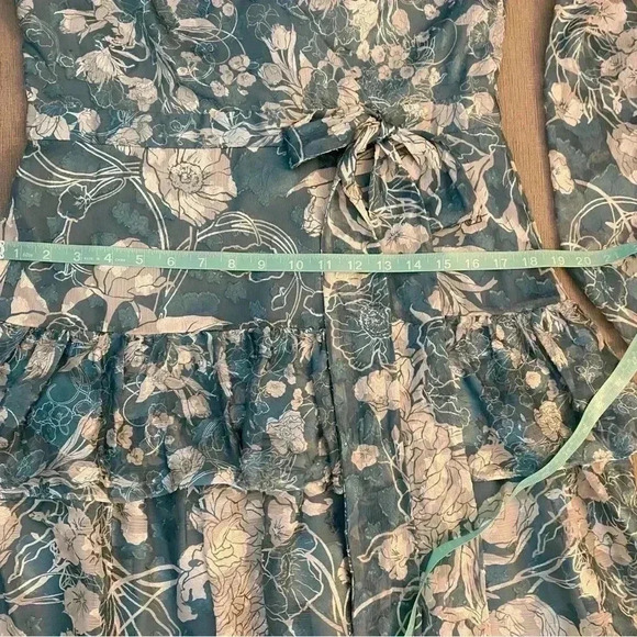 Marchesa Notte Long Sleeved V-neck Tiered Chiffon
Mini Dress in Sage - Picture 14 of 16